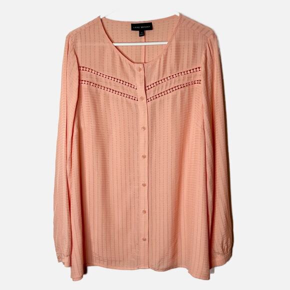Lane Bryant Women's Blouse 14 Coral Pink Crochet Long Sleeve Crew Neck Button Up - Picture 1 of 8